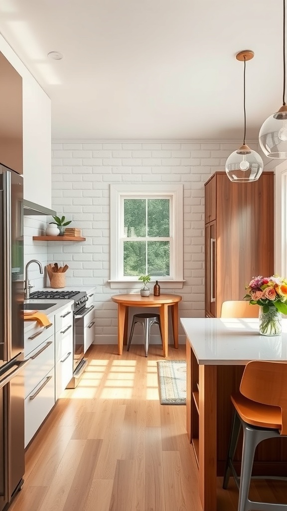A compact kitchen featuring a dining nook with a small round table, a bench, and a potted plant by the window.