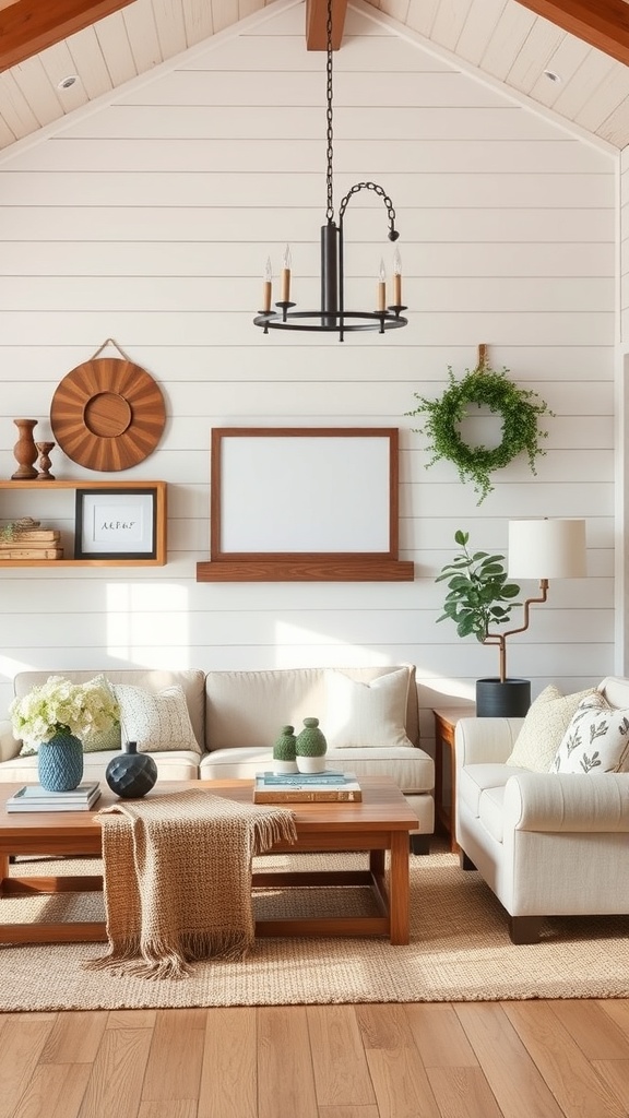 A contemporary farmhouse style living room with light walls, wooden accents, and cozy furniture.
