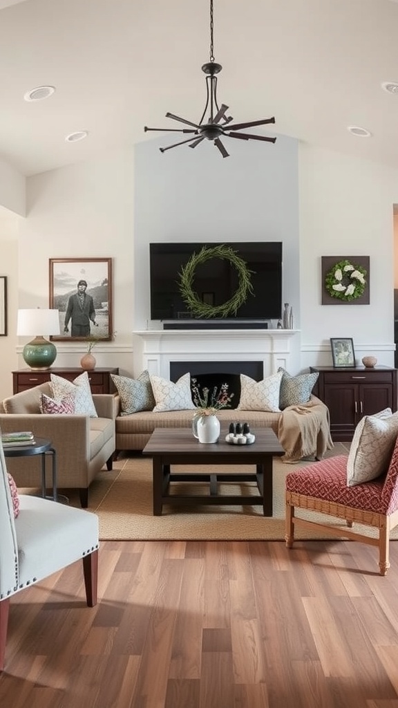 A contemporary farmhouse living room featuring a cozy sofa, patterned pillows, and a stylish coffee table.
