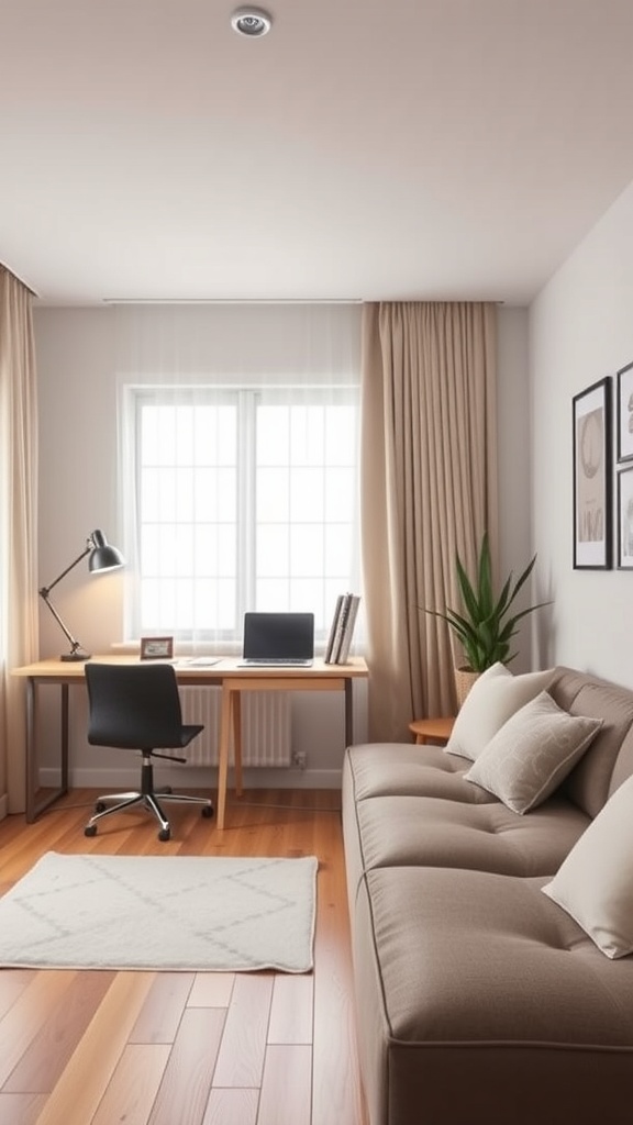 A cozy convertible home office featuring a desk, chair, and sofa.