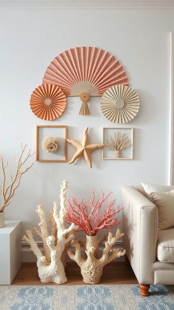 A coastal decor display featuring coral pieces and decorative fans on a wall.