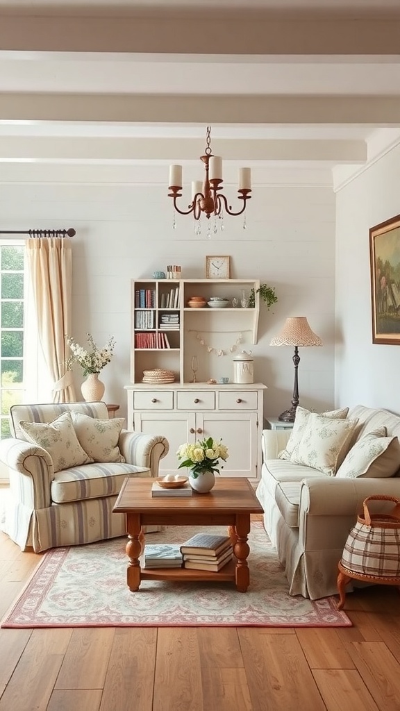 Cozy cottage living room with striped armchair, plush sofa, wooden coffee table, and warm decor.