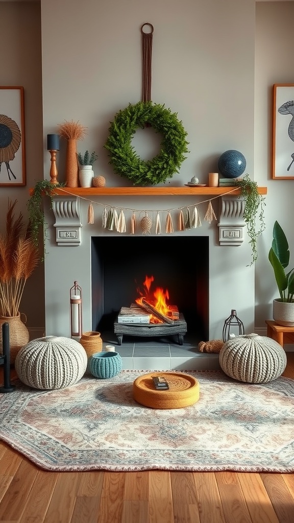 A cozy fireplace setup with a green wreath, decorative items, and soft poufs in a boho style living room.