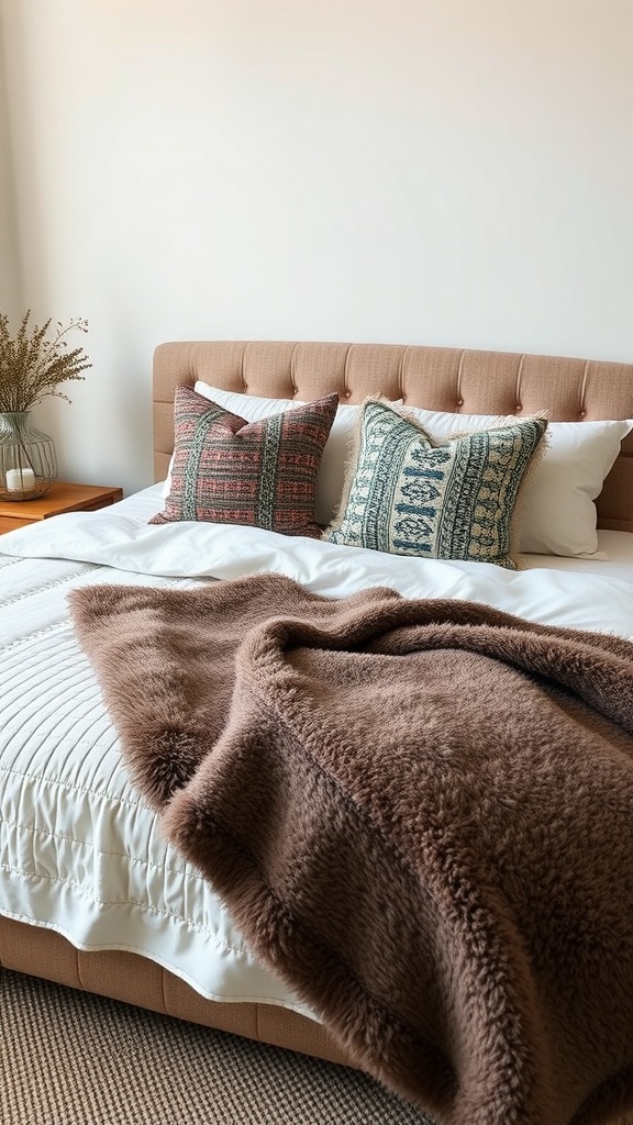 A cozy guest bedroom featuring a plush blanket, patterned pillows, and a bedside table with a vase of dried flowers.