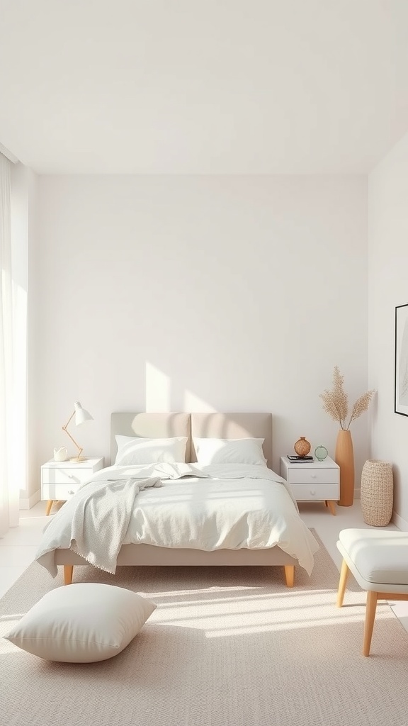 A cozy minimalist bedroom with a soft bed, light colors, and simple decor.