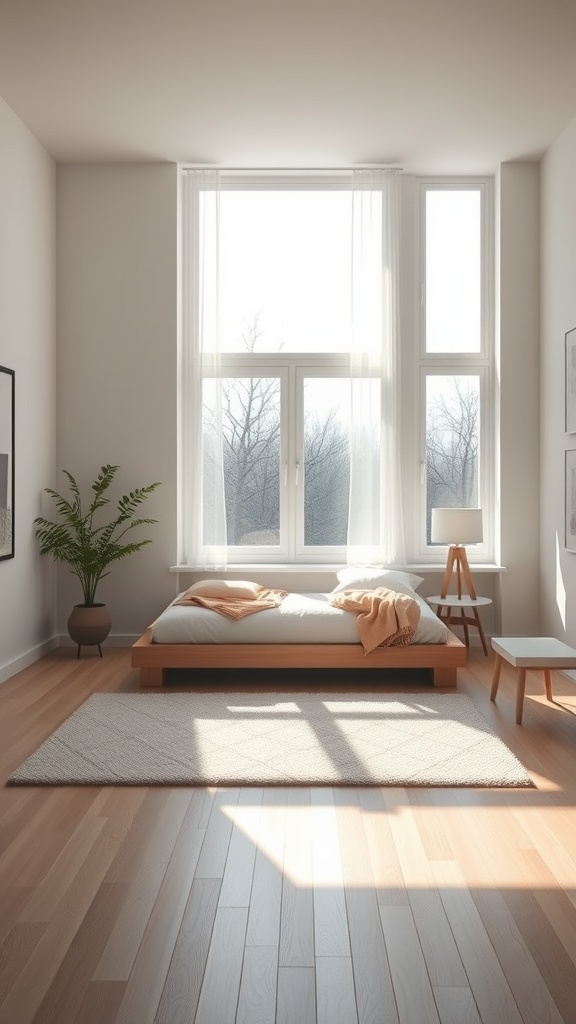 A cozy minimalist bedroom with large windows, a wooden bed, and soft lighting.