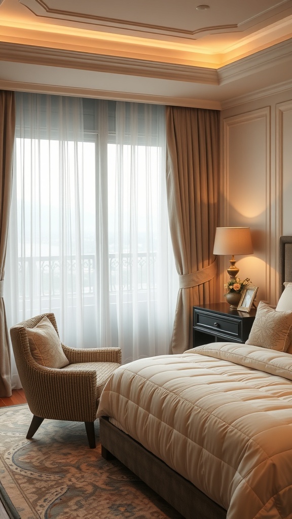 A cozy reading nook in a modern luxury bedroom with a comfortable chair and soft lighting.