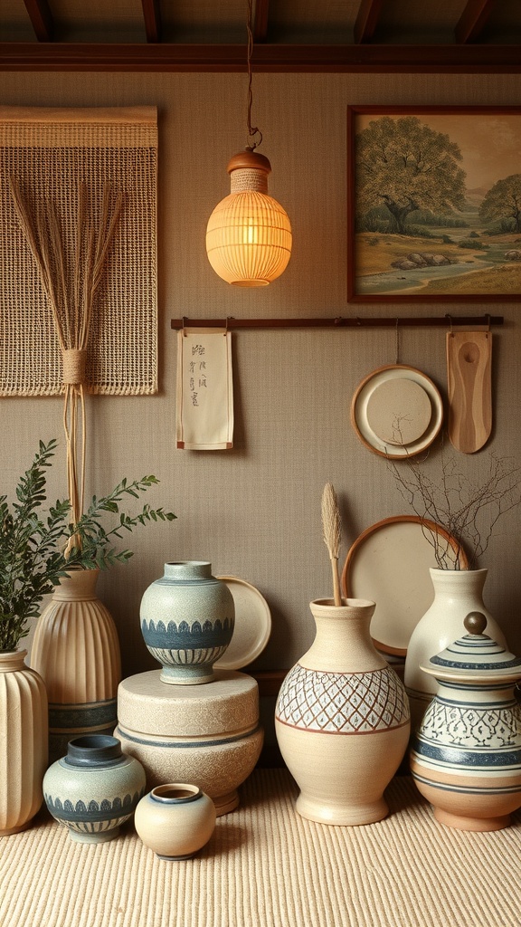 A cozy interior featuring various pottery pieces and a warm hanging lamp, showcasing Japandi decor style.