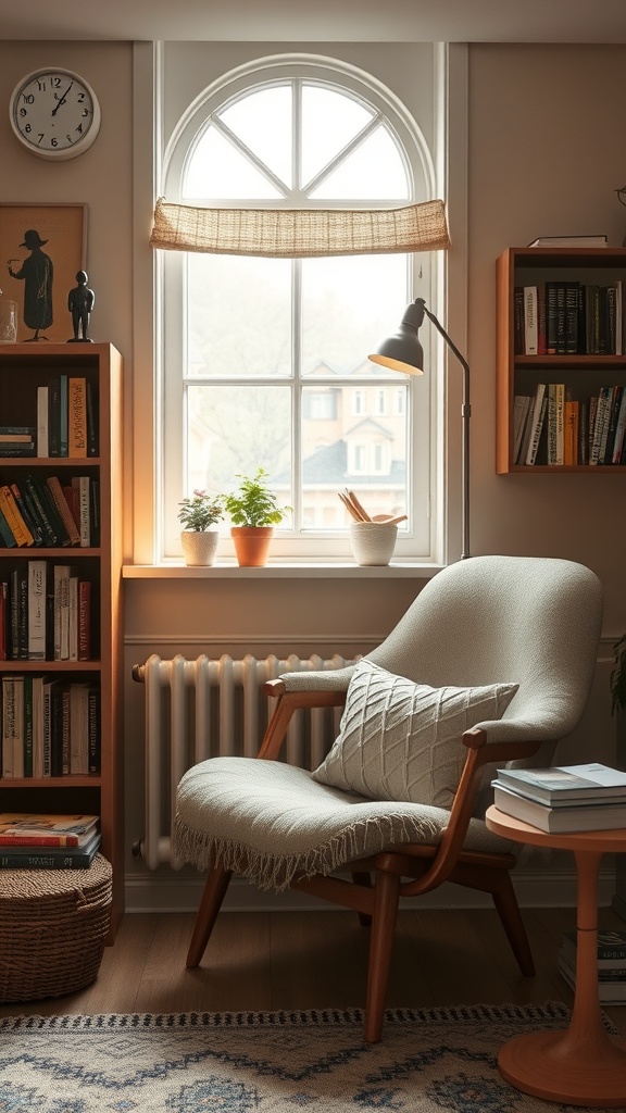 Cozy reading nook with a comfortable chair, bookshelf, and plants