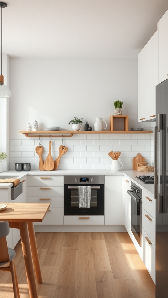 A bright Scandinavian kitchen featuring white cabinets, wooden accents, and open shelving.