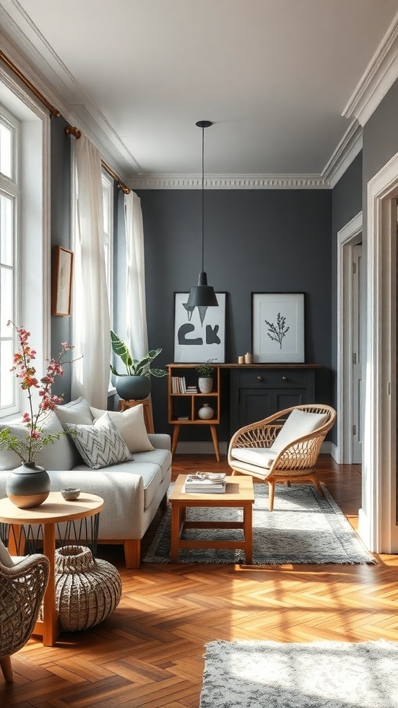 A cozy Scandinavian living room with natural light, wooden furniture, and plants.