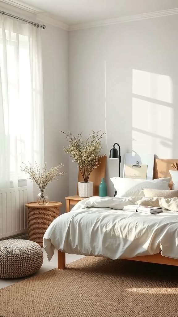 A serene Scandinavian bedroom with light curtains, a cozy bed, and natural decor.
