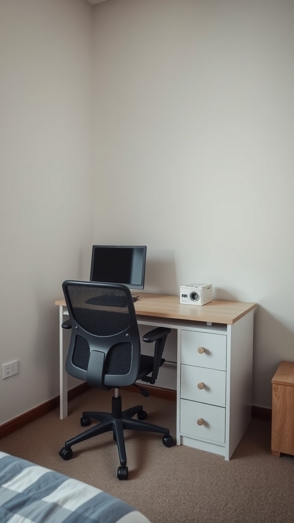 A small bedroom workspace with a desk, chair, and monitor.