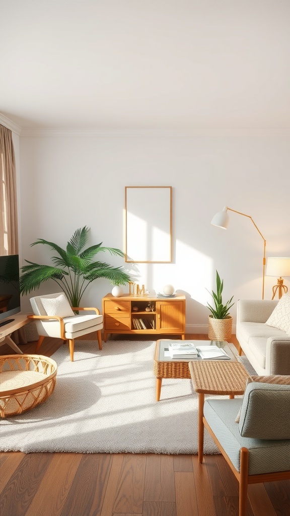 A serene living room with natural light, wooden furniture, and plants, embodying Wabi-Sabi design principles.