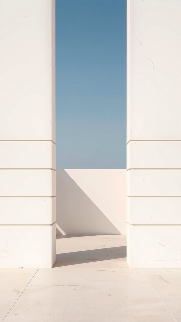 A minimalist design featuring two vertical pillars with horizontal lines, leading to an open space and clear blue sky.