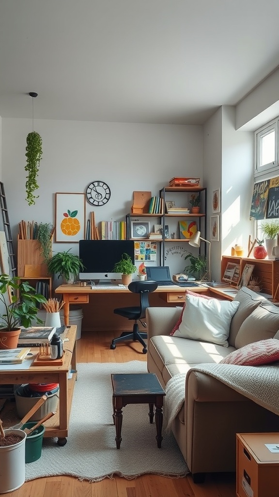 A cozy and functional creative studio and living space with a sofa, desk, and plants.