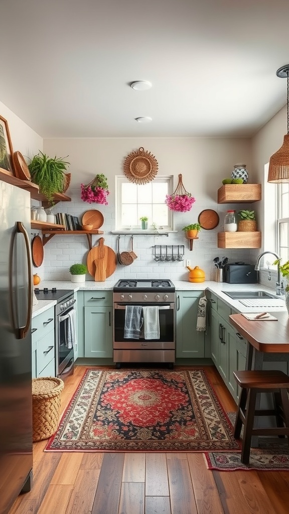 A cozy boho kitchen featuring mint green cabinets, open shelving with plants, and a colorful rug.