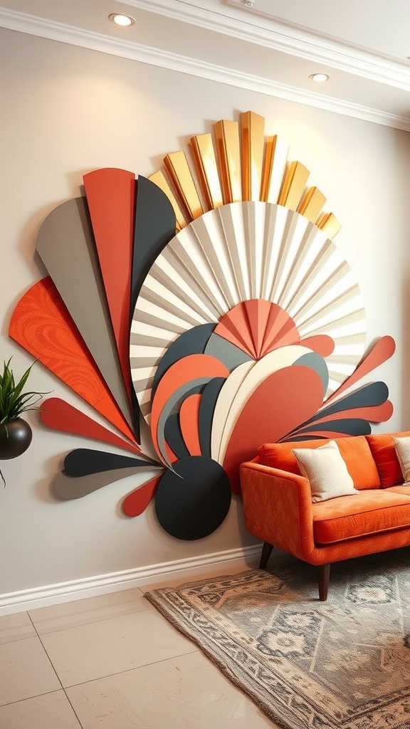 Creative wall art installation featuring bold letters and fan-shaped decorations