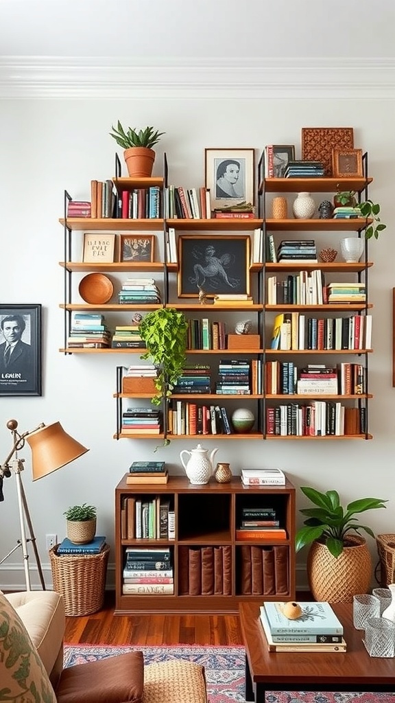 Creative wall shelving in a boho-inspired living room with books, plants, and decorative items.
