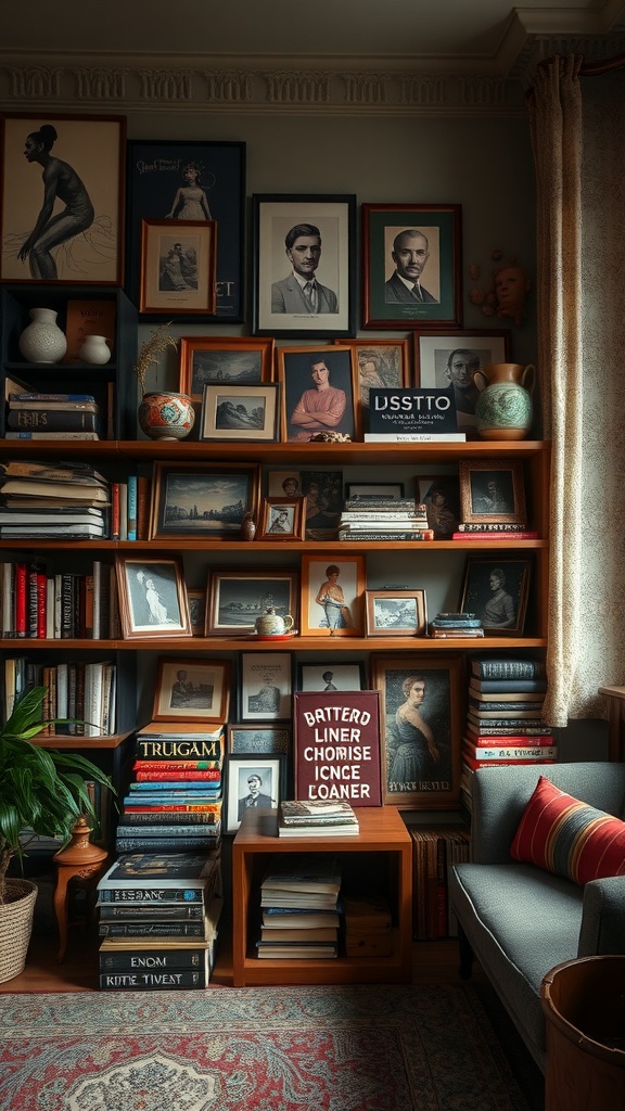 A cozy living room bookshelf filled with framed portraits, books, and decorative items, showcasing cultural artifacts.