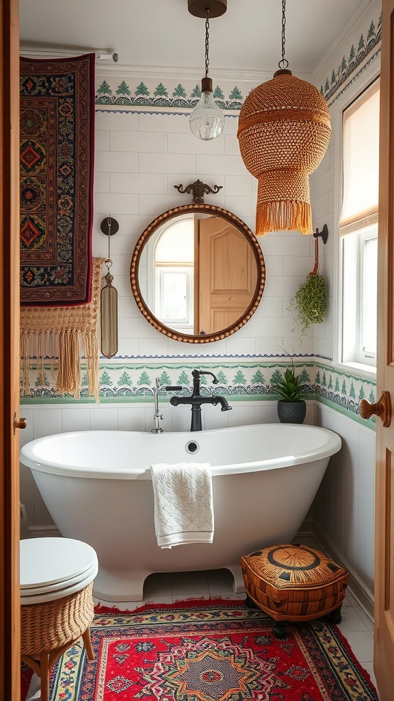 A boho-inspired bathroom featuring colorful textiles, plants, and patterned rugs.