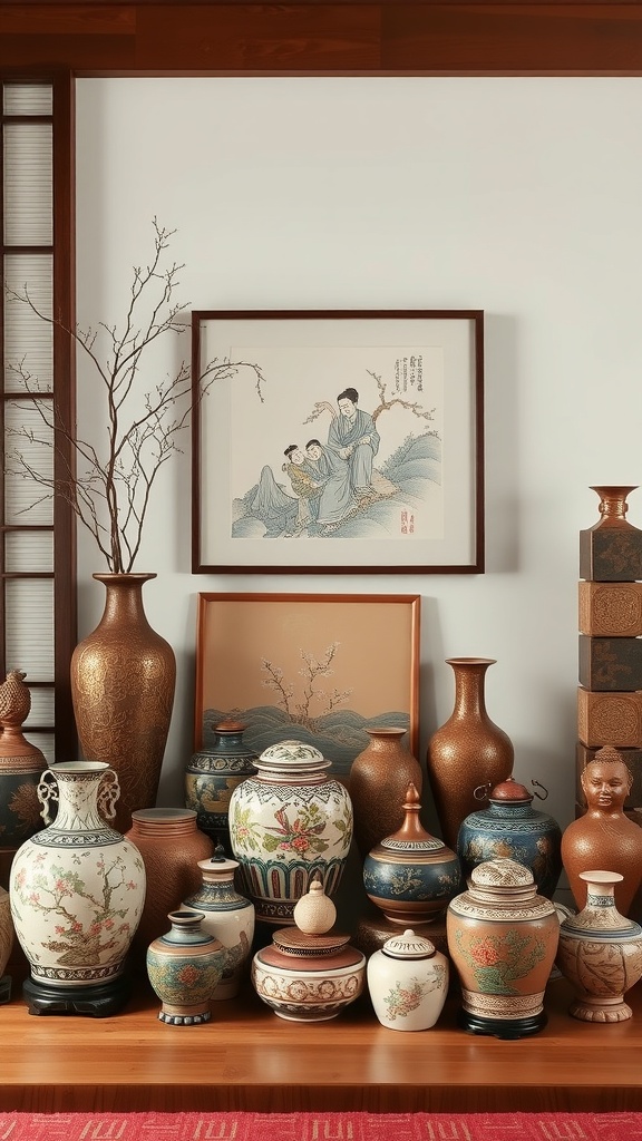 A collection of decorative vases and art pieces in a Japandi style setting.