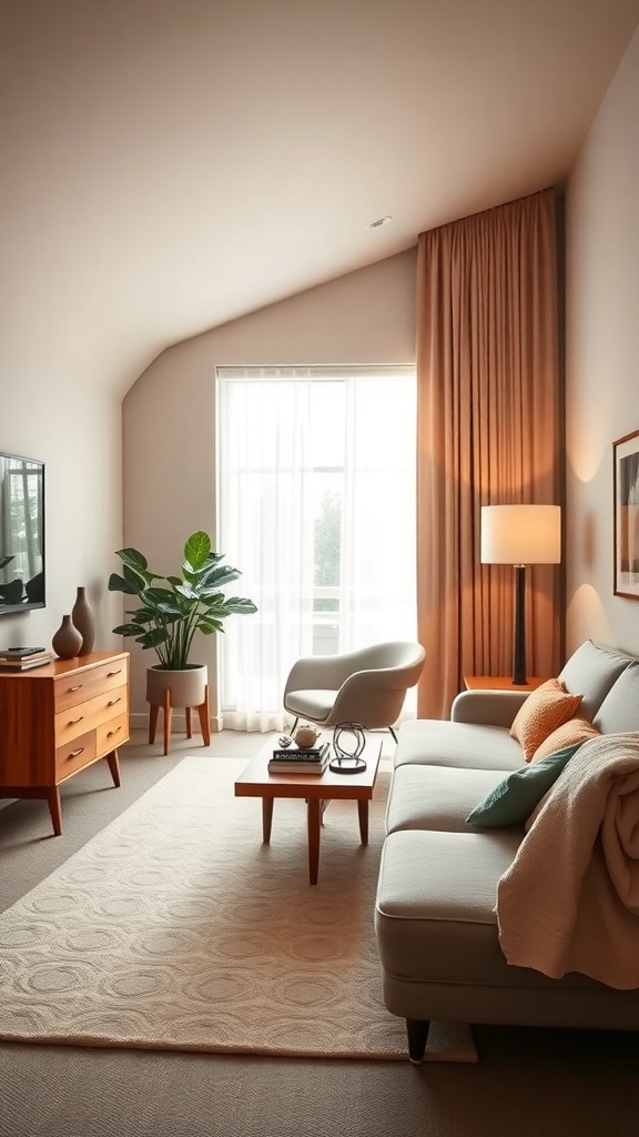 A mid-century modern bedroom featuring curved furniture lines and soft colors.