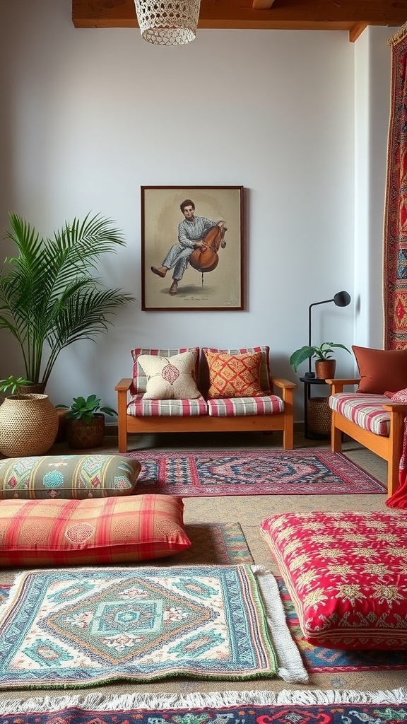 A cozy living room with cushioned floor seating, colorful cushions, and decorative rugs.