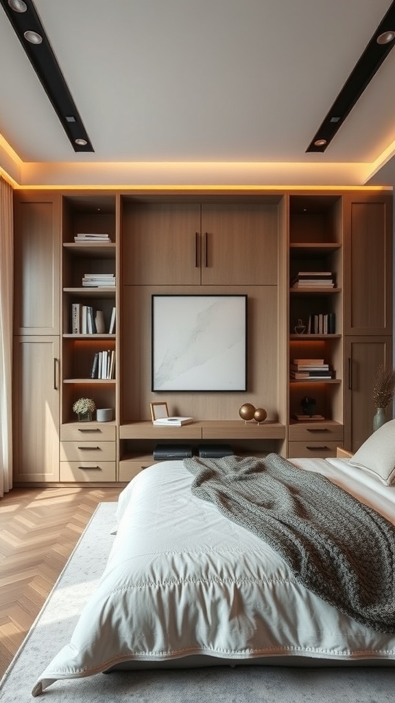 Modern luxury bedroom with custom built-in storage and cozy bedding.