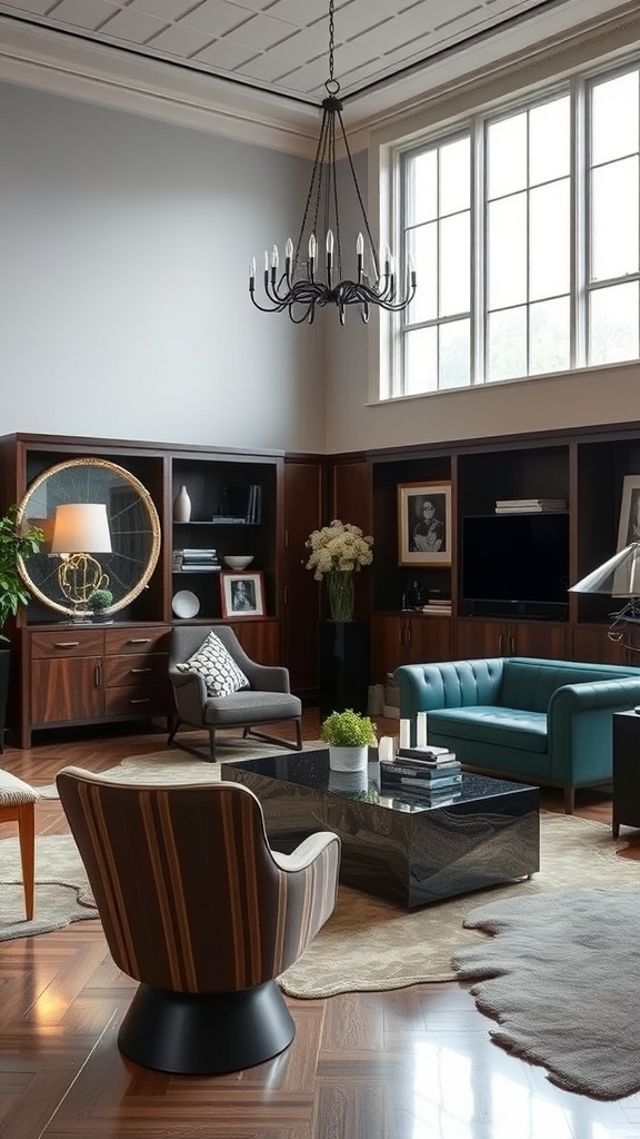 A luxurious living room featuring custom designed furniture, including a teal sofa, striped armchair, and a black coffee table.