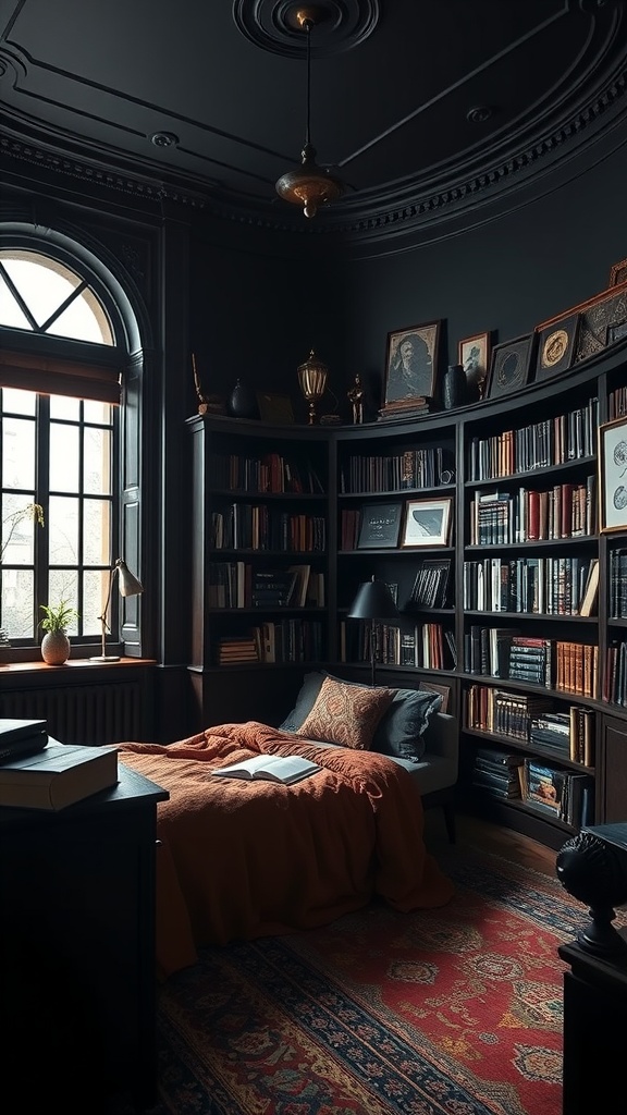 Aesthetic bedroom featuring dark wood, vintage books, and warm lighting.