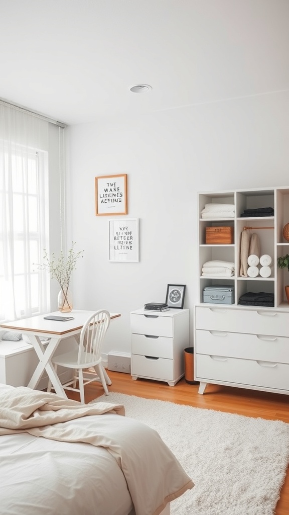 A minimalist bedroom featuring a white color scheme, a small desk, and organized storage.