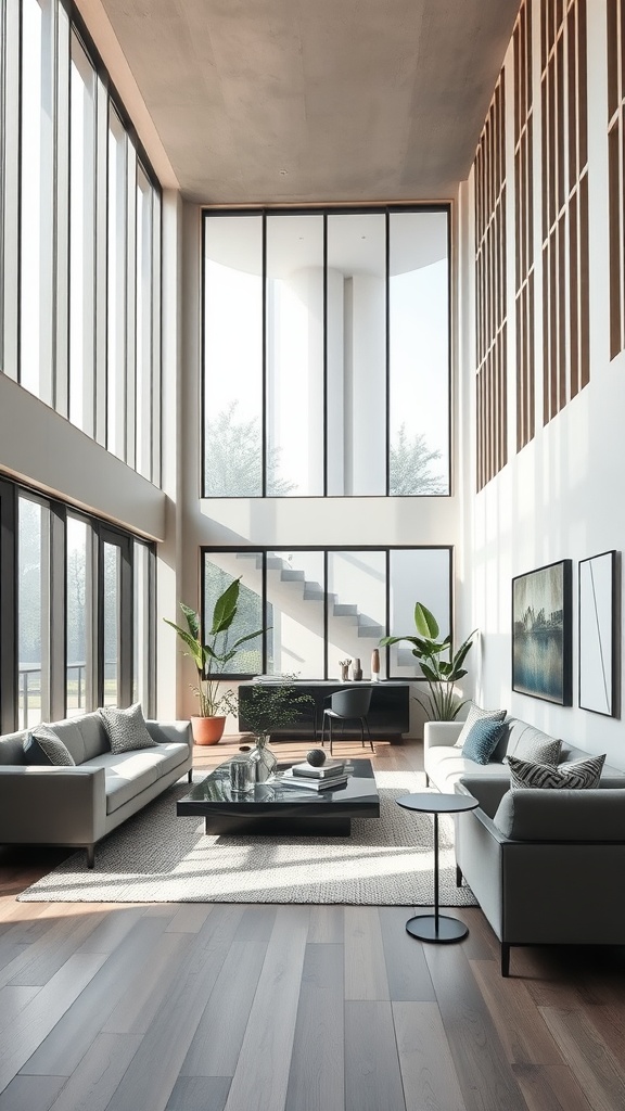 A modern living room with tall windows, sleek furniture, and plants, showcasing vertical lines in interior design.