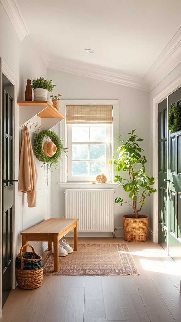 A bright Scandinavian-style entryway with a wooden bench, cushions, and a potted plant.