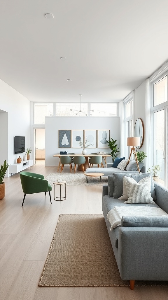 A bright and airy open concept living and dining area with Scandinavian design elements.