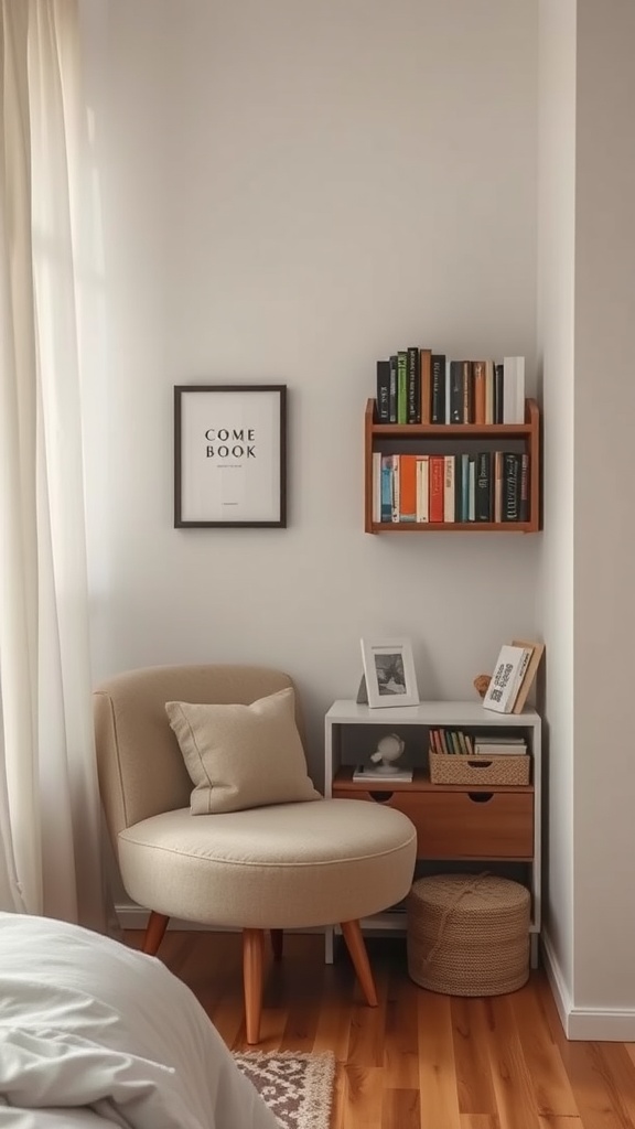 A cozy reading nook featuring a comfortable chair, a small bookshelf with books, and a framed print on the wall.