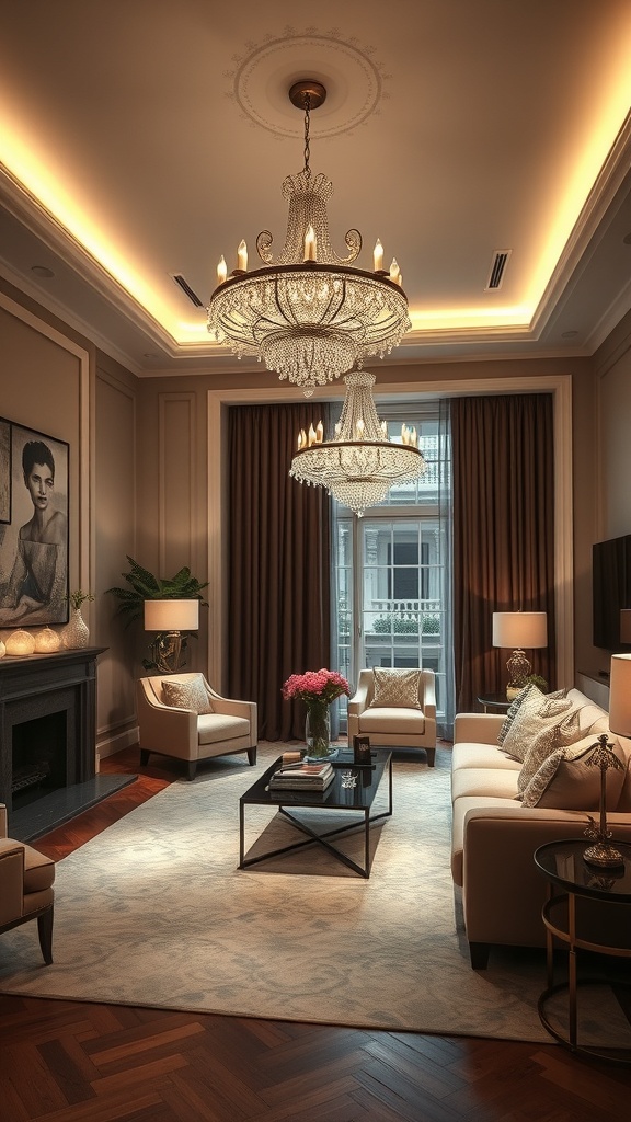 A luxurious living room featuring elegant chandeliers and warm lighting.
