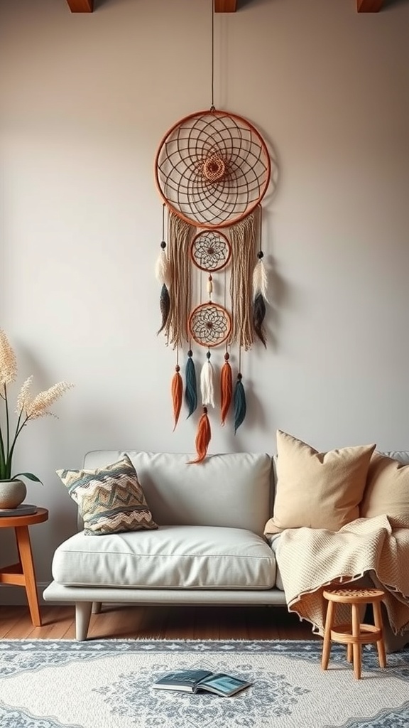 A cozy living room featuring a large dreamcatcher and smaller ones hanging on the wall, with a light-colored sofa and decorative pillows.