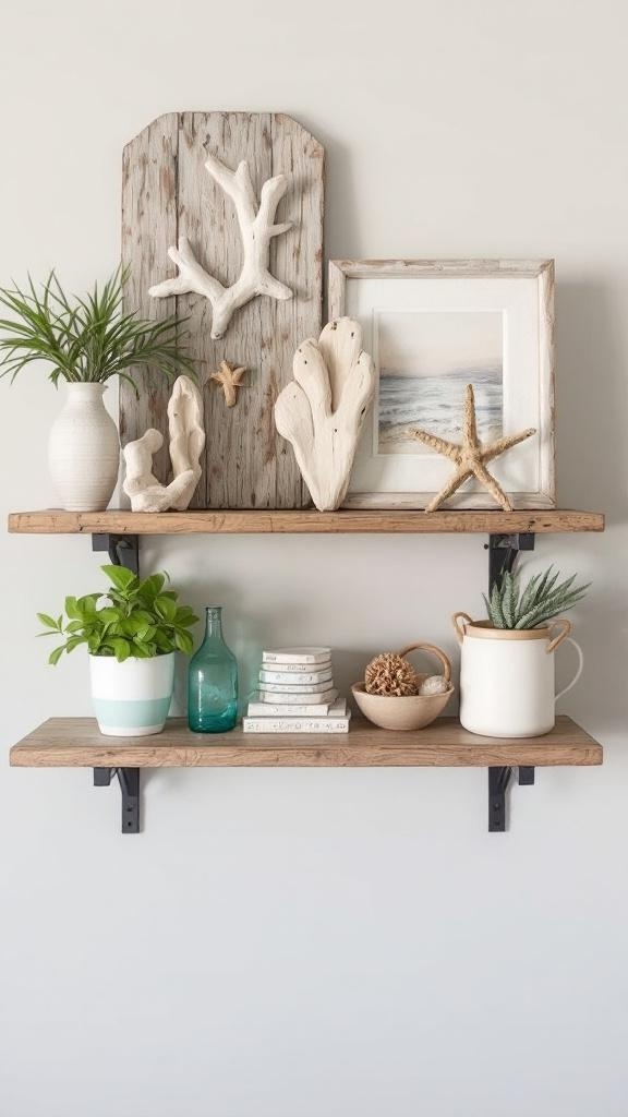 A wooden shelf displaying coastal decor items including driftwood, vases, and seashells.