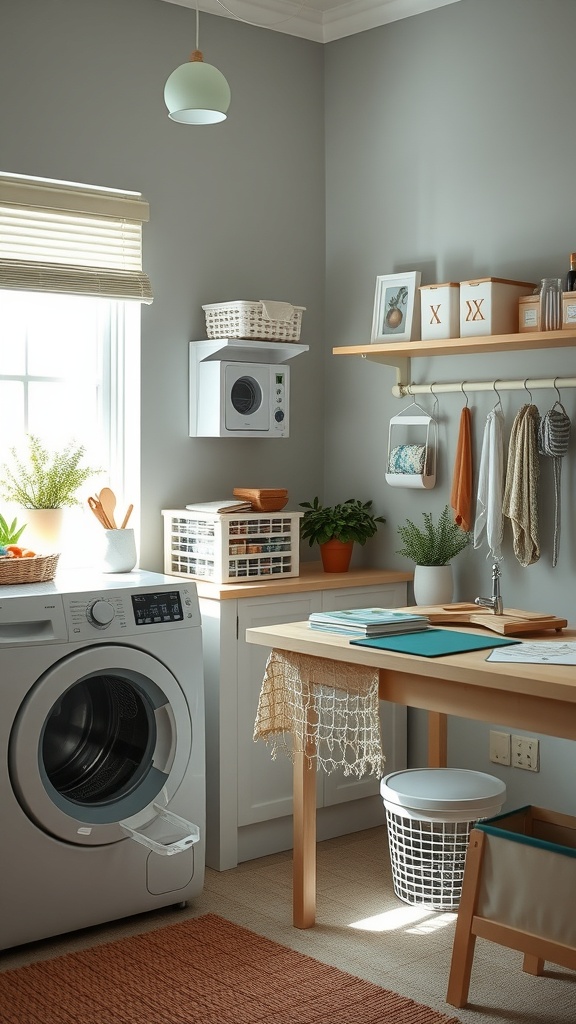 A dual-purpose laundry and craft room featuring a washing machine, work table, and organized shelves.
