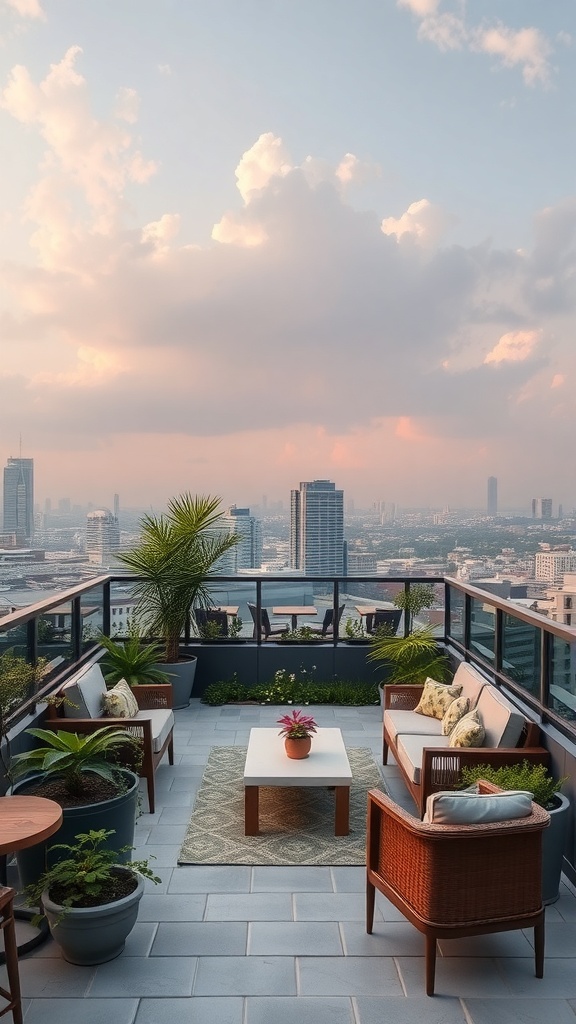 A rooftop garden and lounge with comfortable seating, plants, and a city skyline view.