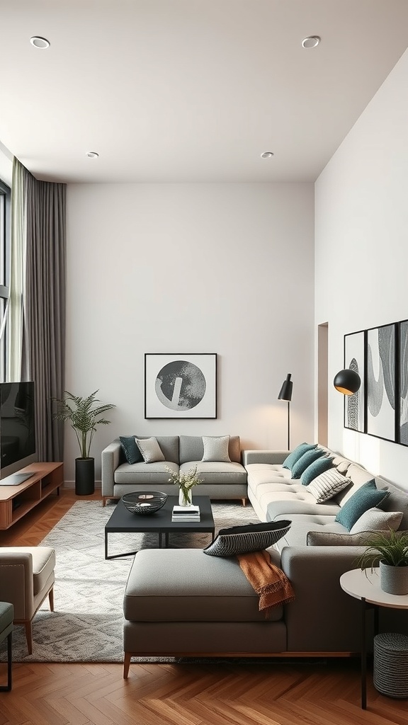 A modern living room featuring a sectional sofa, coffee table, and decorative elements.