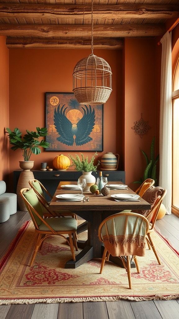 A cozy dining room featuring earthy tones, wooden beams, and natural decor.