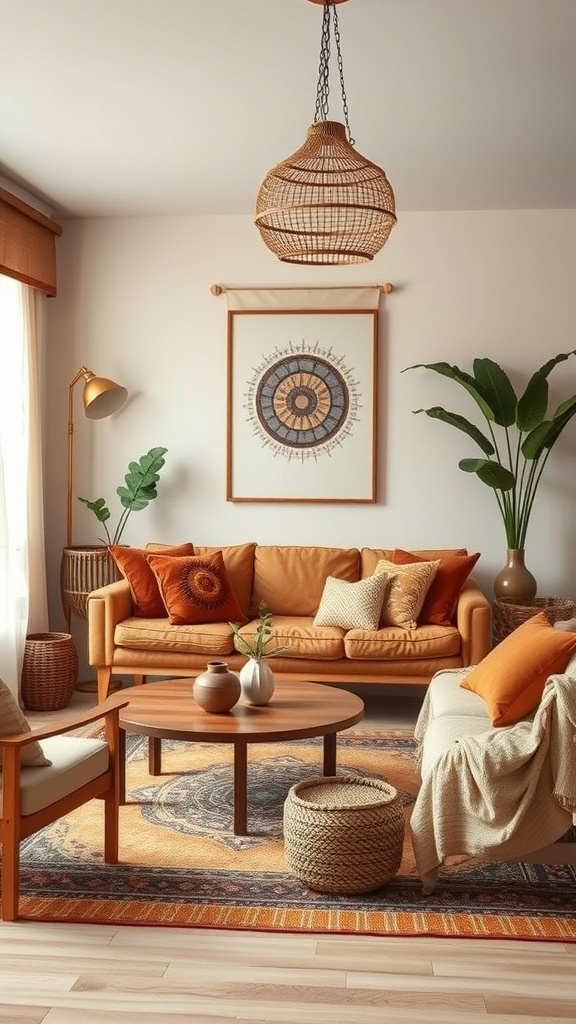 A cozy living room with earthy color palettes featuring a terracotta sofa, decorative cushions, and plants.