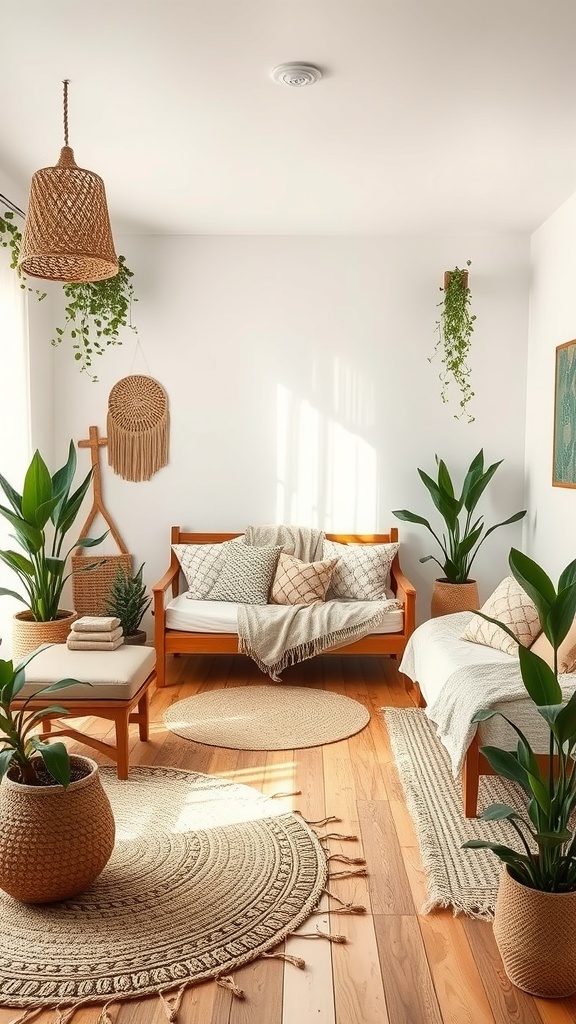 A cozy boho bedroom featuring wooden furniture, woven decor, and indoor plants.