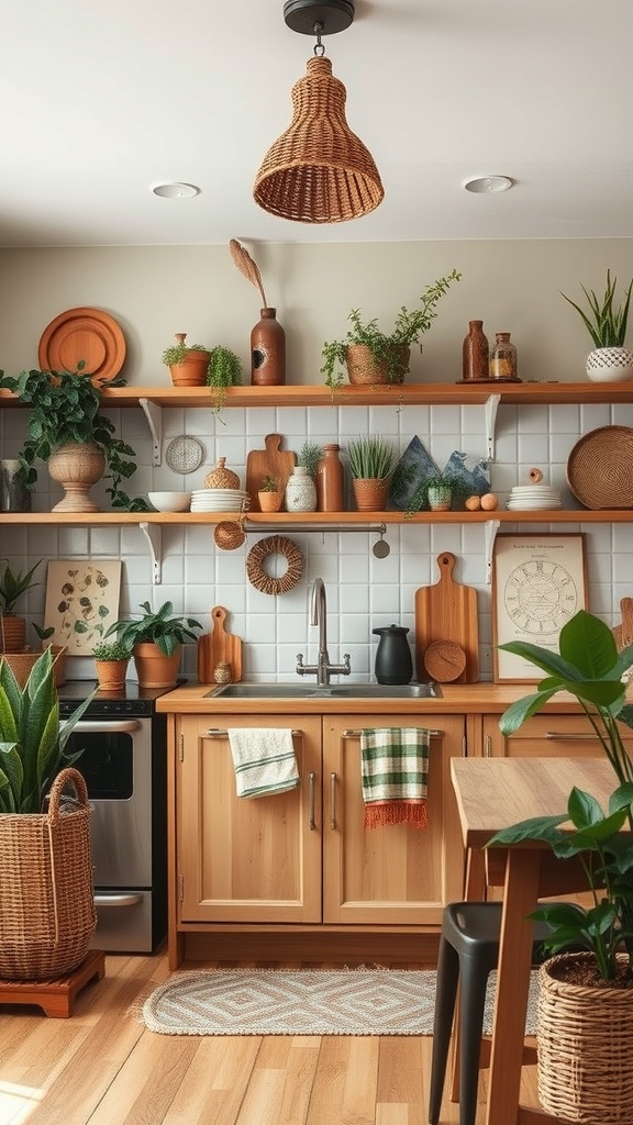 A boho kitchen featuring wooden cabinets, earthy decor, plants, and natural textures.