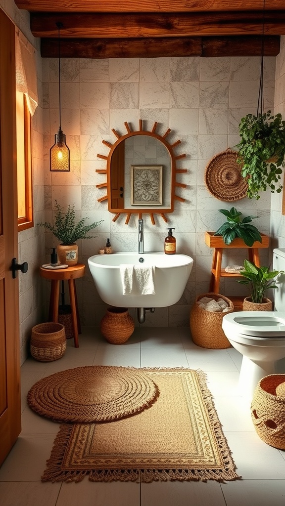 A boho inspired bathroom with earthy tones, natural textures, and plants.