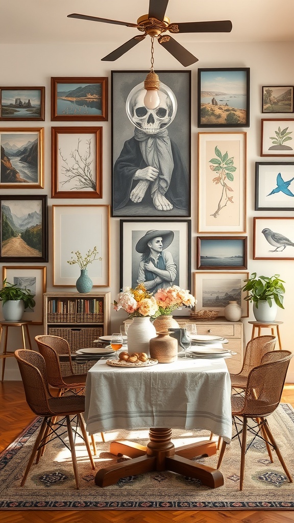 A boho dining room with eclectic artwork on the wall, featuring various framed pieces including a skull design, landscapes, and botanical prints.