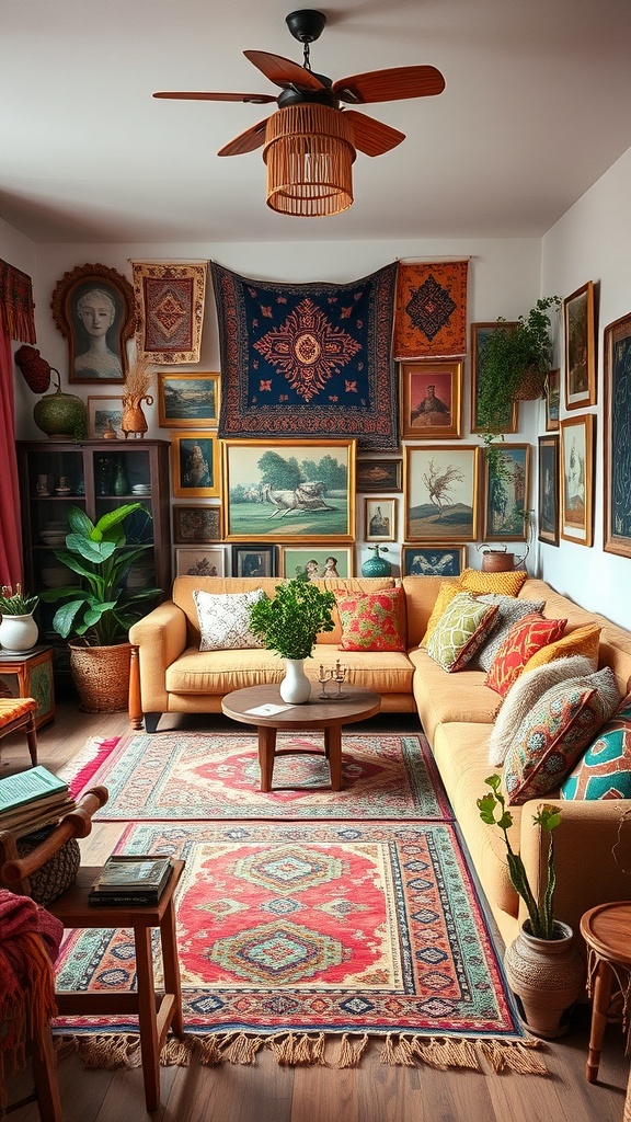 A cozy living room with a colorful sofa, patterned rugs, and a gallery wall of art and tapestries.