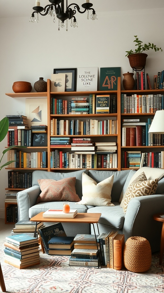 A cozy living room with a wooden bookshelf filled with books, a comfortable sofa with decorative pillows, and a small coffee table stacked with books.
